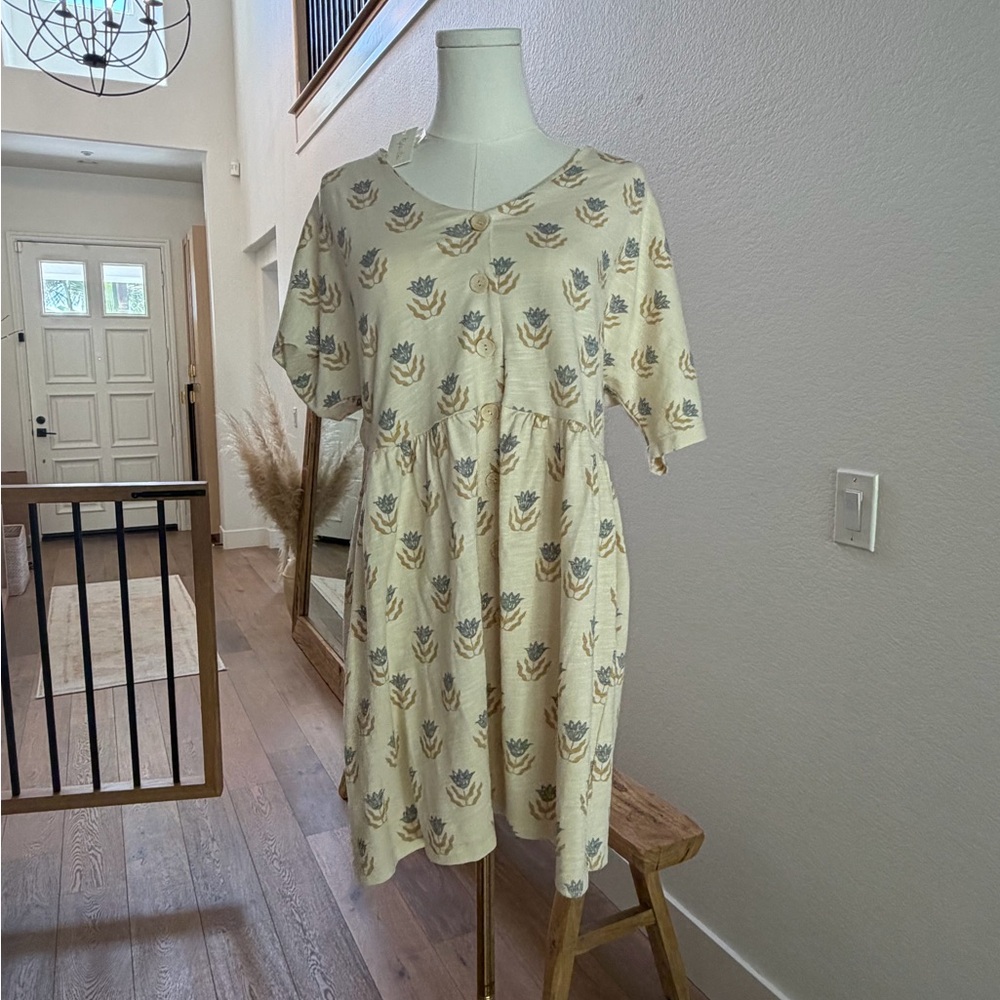 Rylee + Cru Cream Floral Print Dress with Blue and Tan Motif